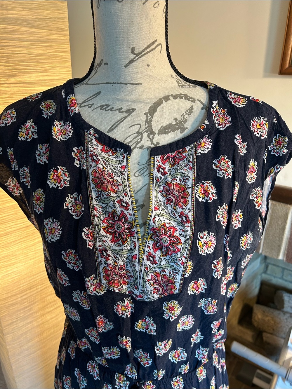 LOFT Navy Floral Midi Dress with Embroidered Yoke - Picture 2 of 7